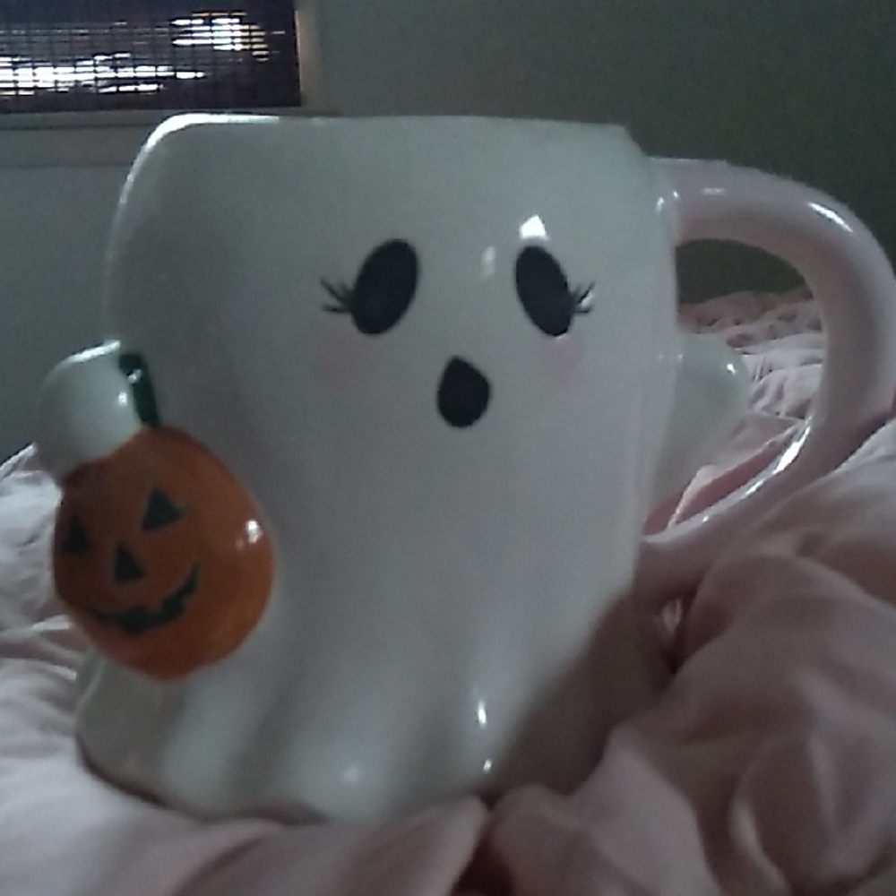 White Ghost Halloween Ceramic Mug with Pumpkin Accent